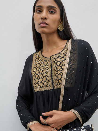 Vark Black Fit and Flare Kurta, Pants and Dupatta Set