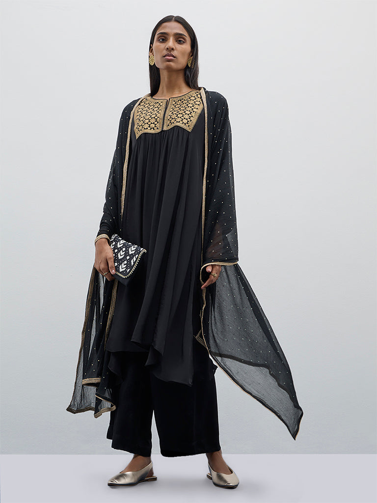 Vark Black Fit and Flare Kurta, Pants and Dupatta Set