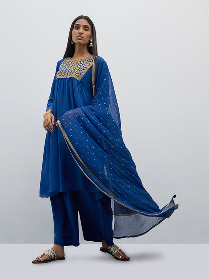 Vark Blue Fit and Flare Kurta, Pants and Dupatta Set