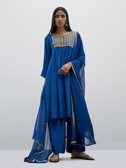 Vark Blue Fit and Flare Kurta, Pants and Dupatta Set