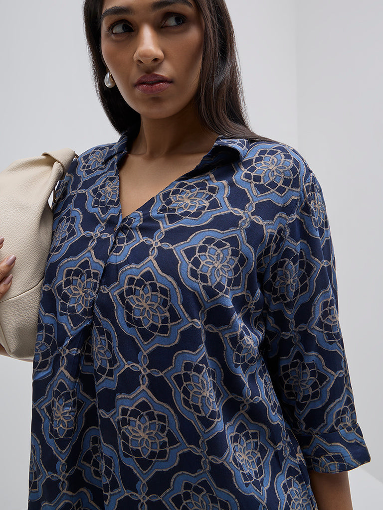 Diza Blue Geometric Printed Straight Kurti