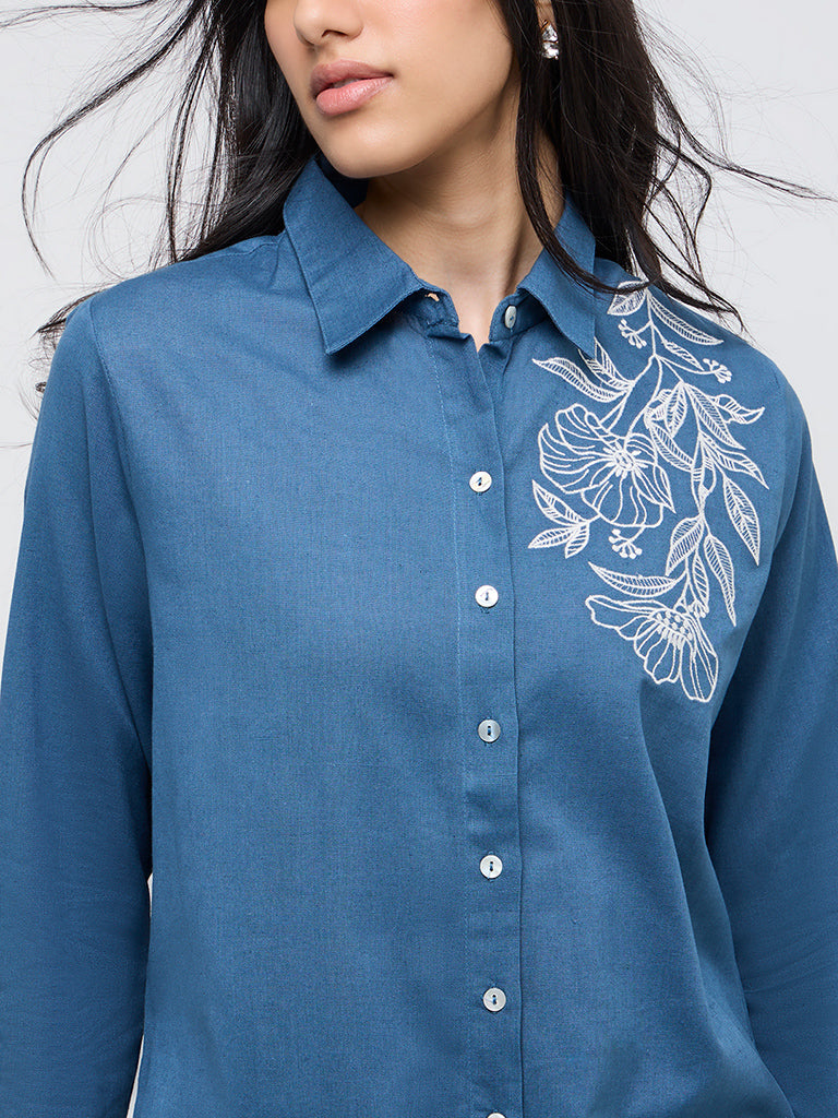 Utsa Blue Embroidered A-Line Cotton Blend Tunic