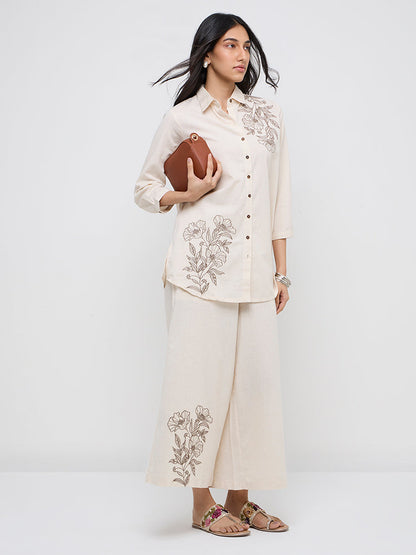 Utsa Off-White Embroidered A-Line Cotton Blend Tunic