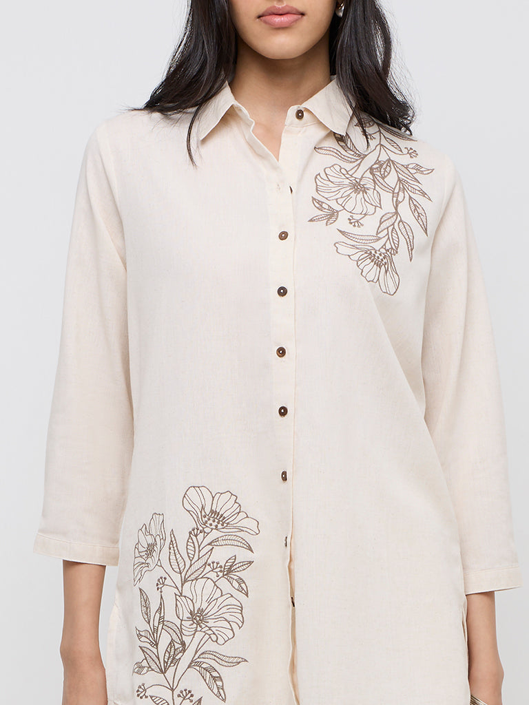 Utsa Off-White Embroidered A-Line Cotton Blend Tunic