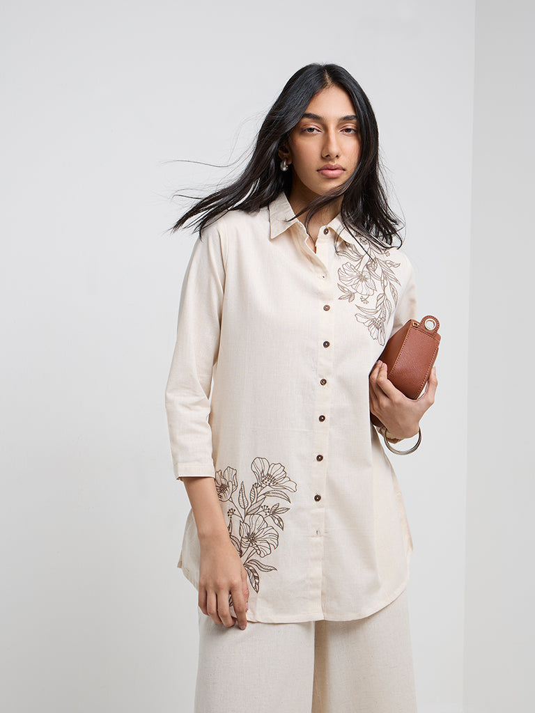 Utsa Off-White Embroidered A-Line Cotton Blend Tunic