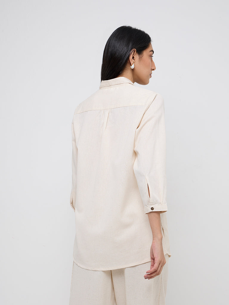 Utsa Off-White Embroidered A-Line Cotton Blend Tunic