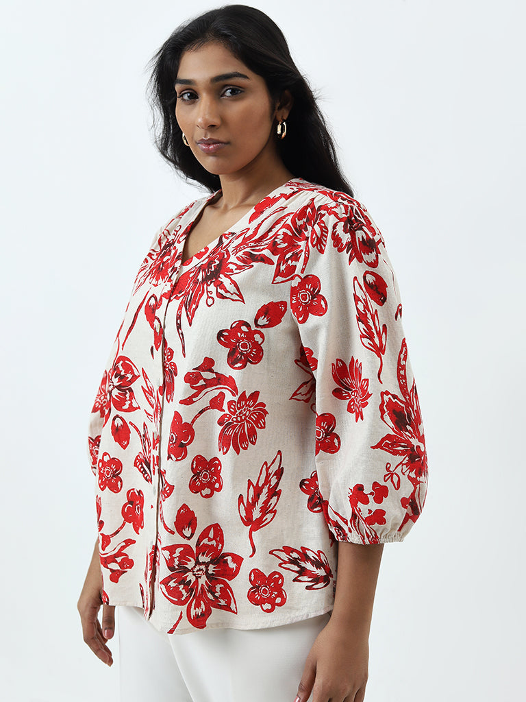 Gia Red Floral Printed Cotton Blend Blouse