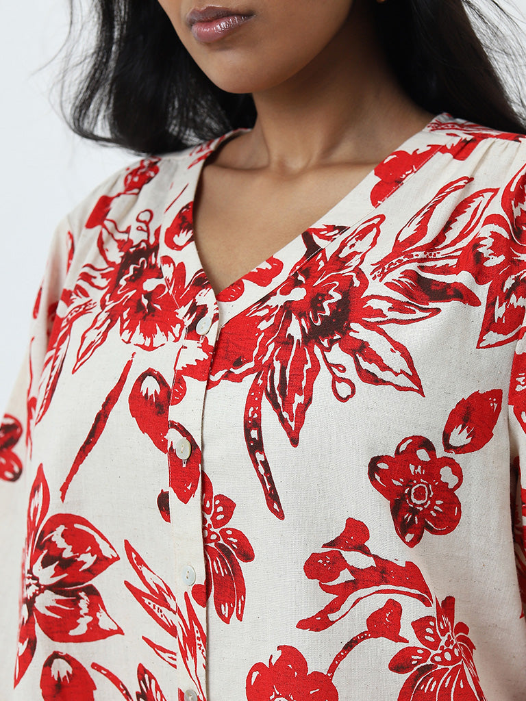 Gia Red Floral Printed Cotton Blend Blouse