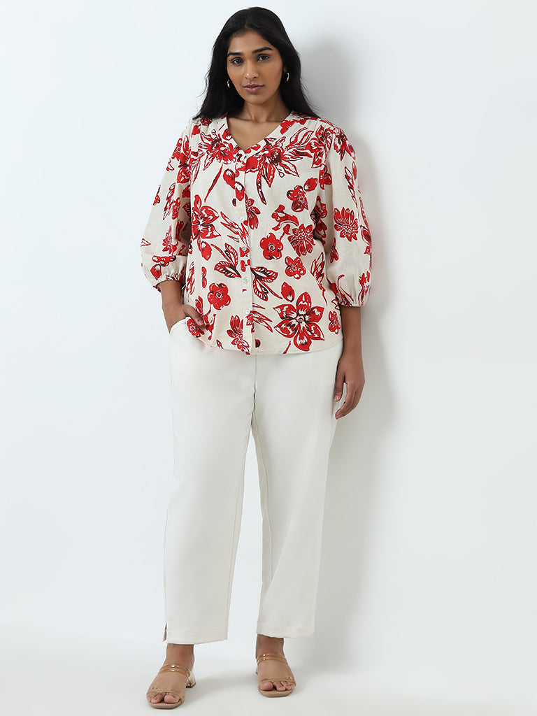 Gia Red Floral Printed Cotton Blend Blouse