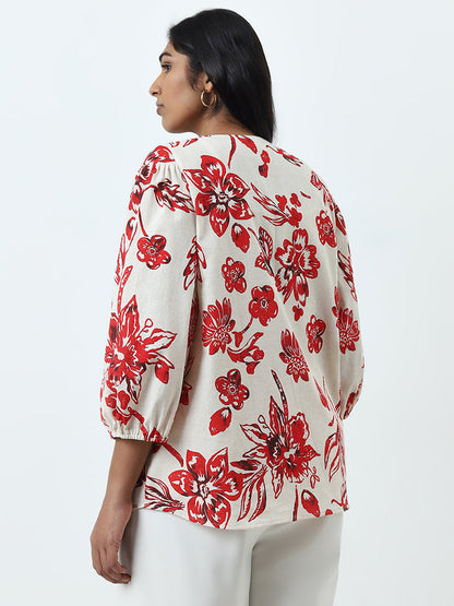 Gia Red Floral Printed Cotton Blend Blouse