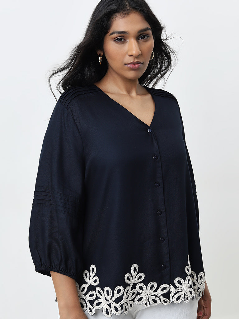 Gia Navy Embroidered Blouse