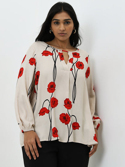 Gia Beige & Red Floral Printed Blouse