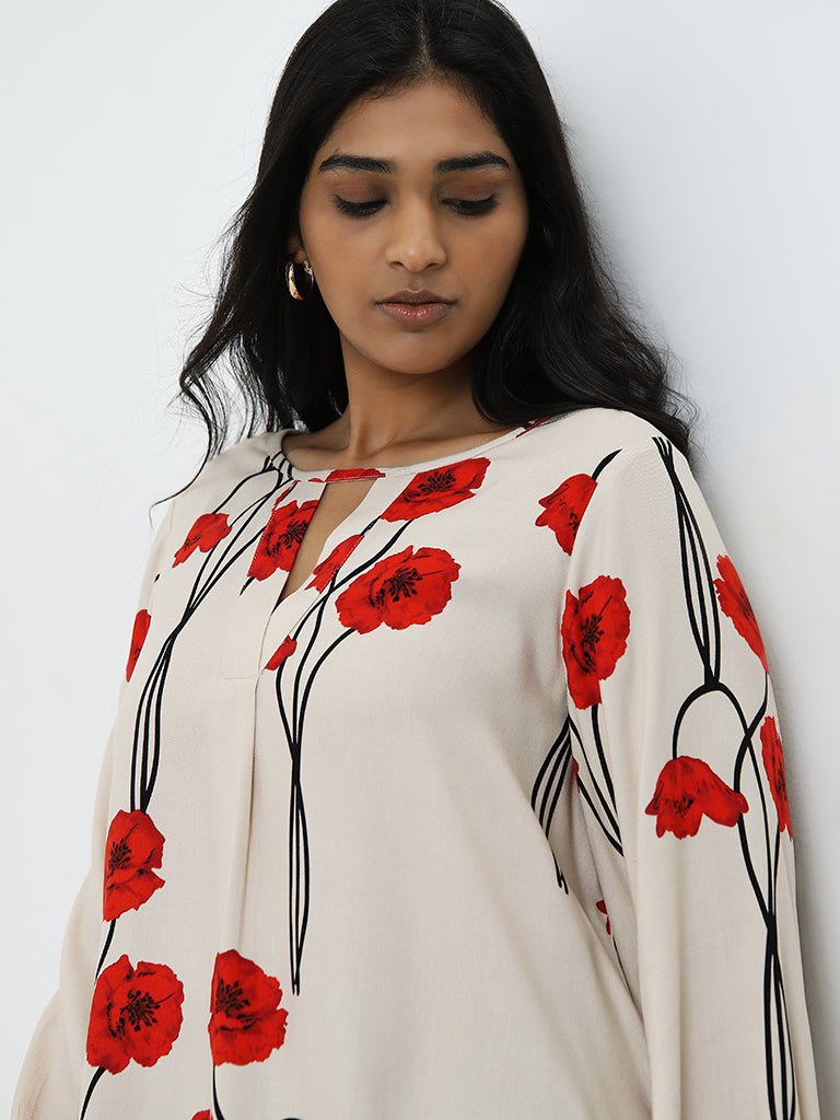 Gia Beige & Red Floral Printed Blouse