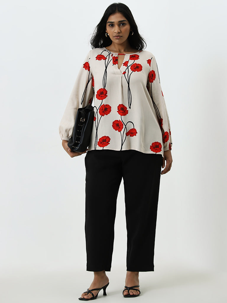 Gia Beige & Red Floral Printed Blouse