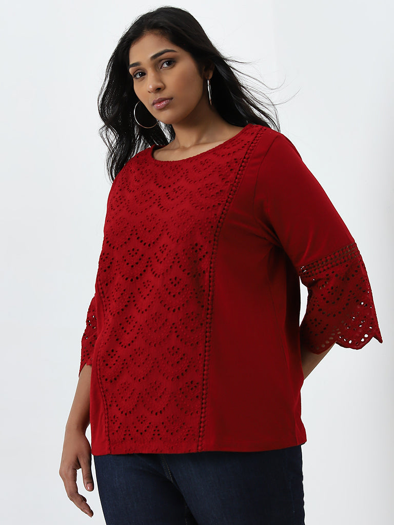 Gia Red Schiffli Design Cotton Blouse