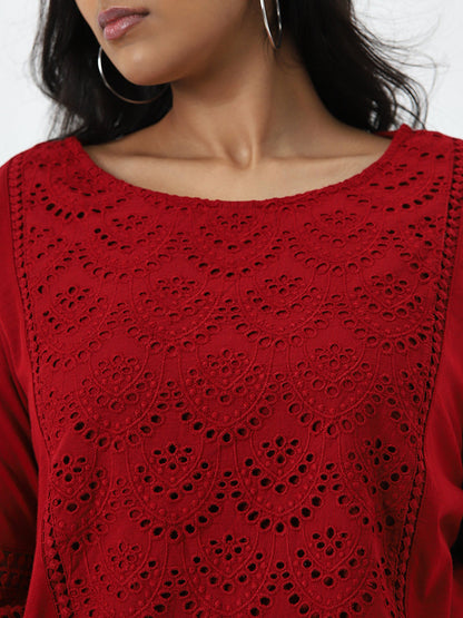 Gia Red Schiffli Design Cotton Blouse