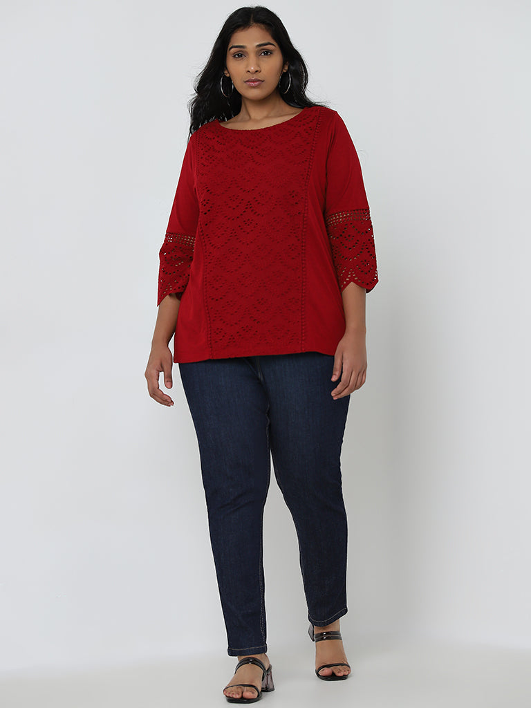 Gia Red Schiffli Design Cotton Blouse