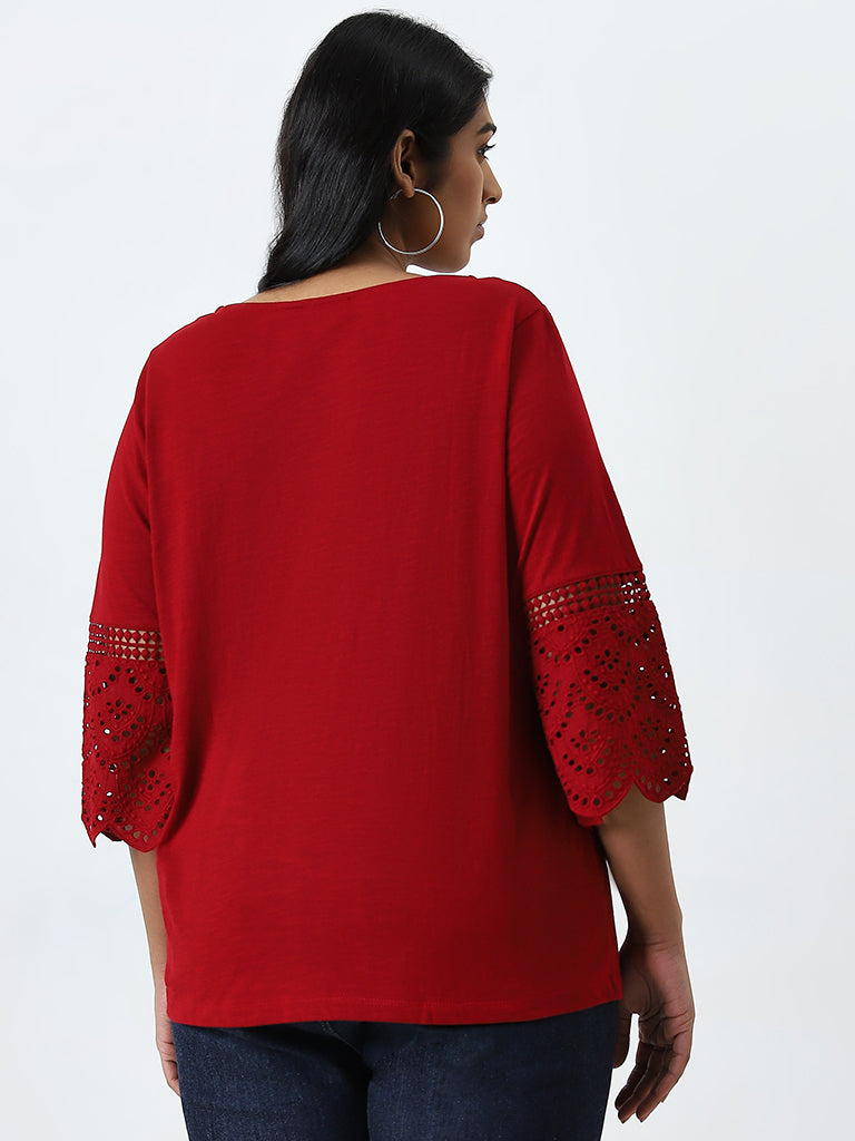 Gia Red Schiffli Design Cotton Blouse