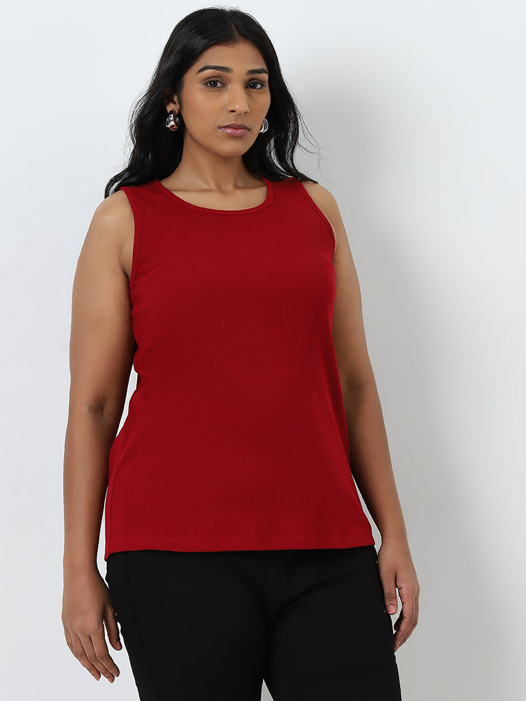 Gia Red Ribbed Cotton Blend Top