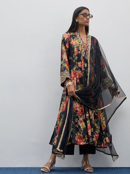 Vark Black Floral A-Line Kurta, Pants and Dupatta Set