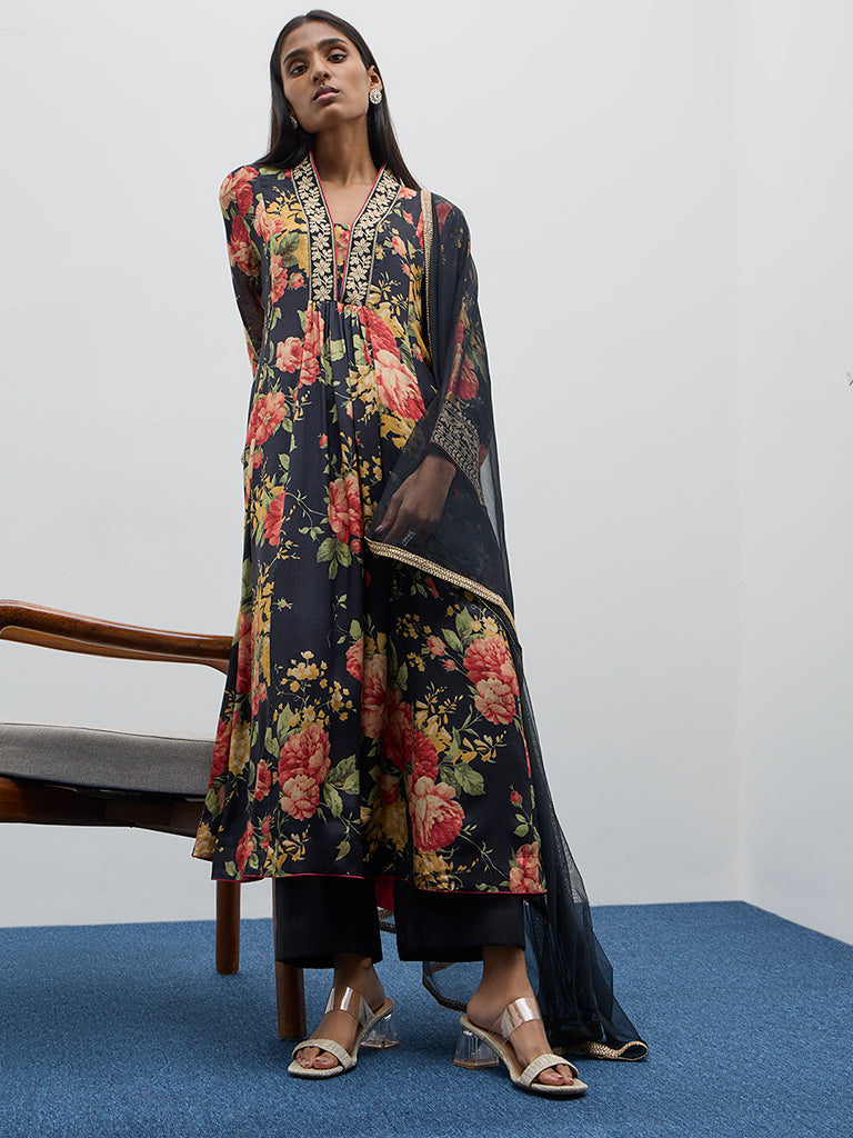 Vark Black Floral A-Line Kurta, Pants and Dupatta Set