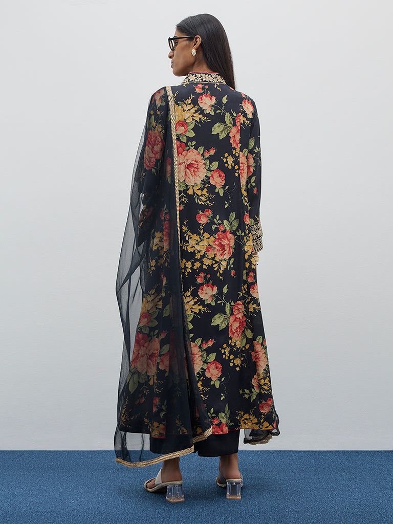 Vark Black Floral A-Line Kurta, Pants and Dupatta Set