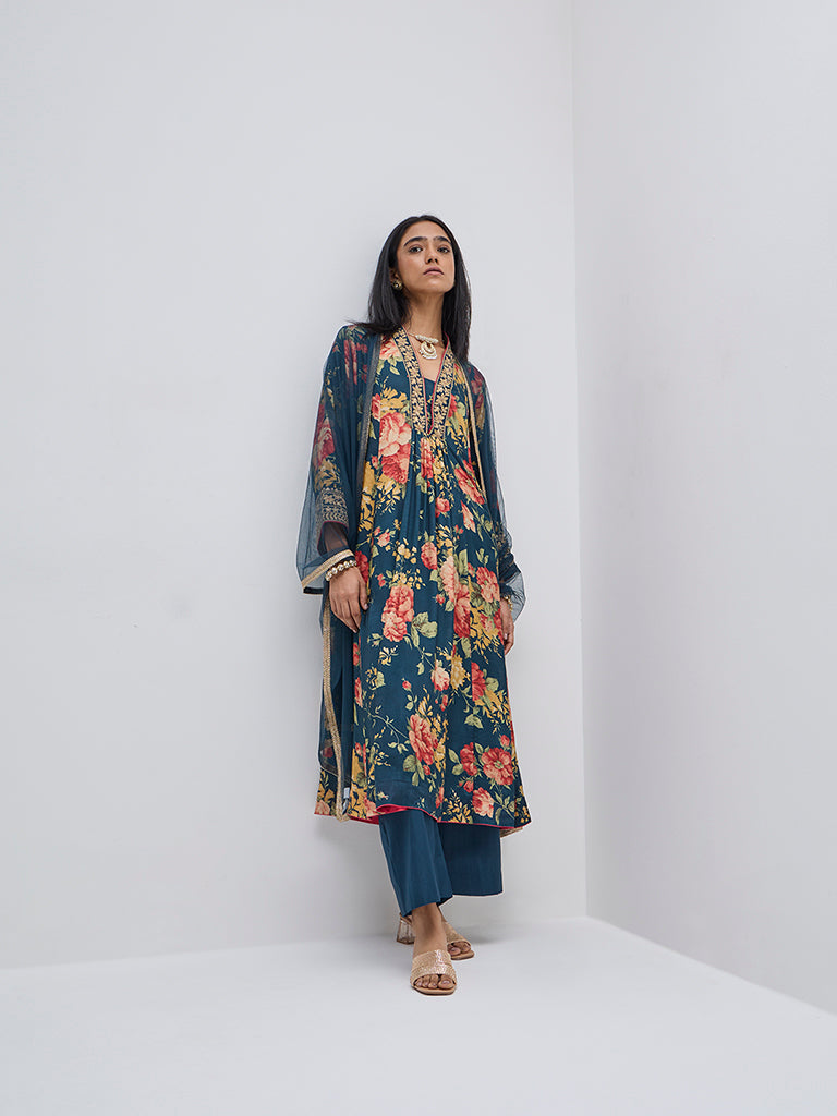 Vark Blue Floral A-Line Kurta, Pants and Dupatta Set