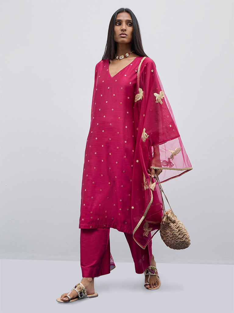 Vark Magenta Embellished A-Line Kurta, Pants and Dupatta Set