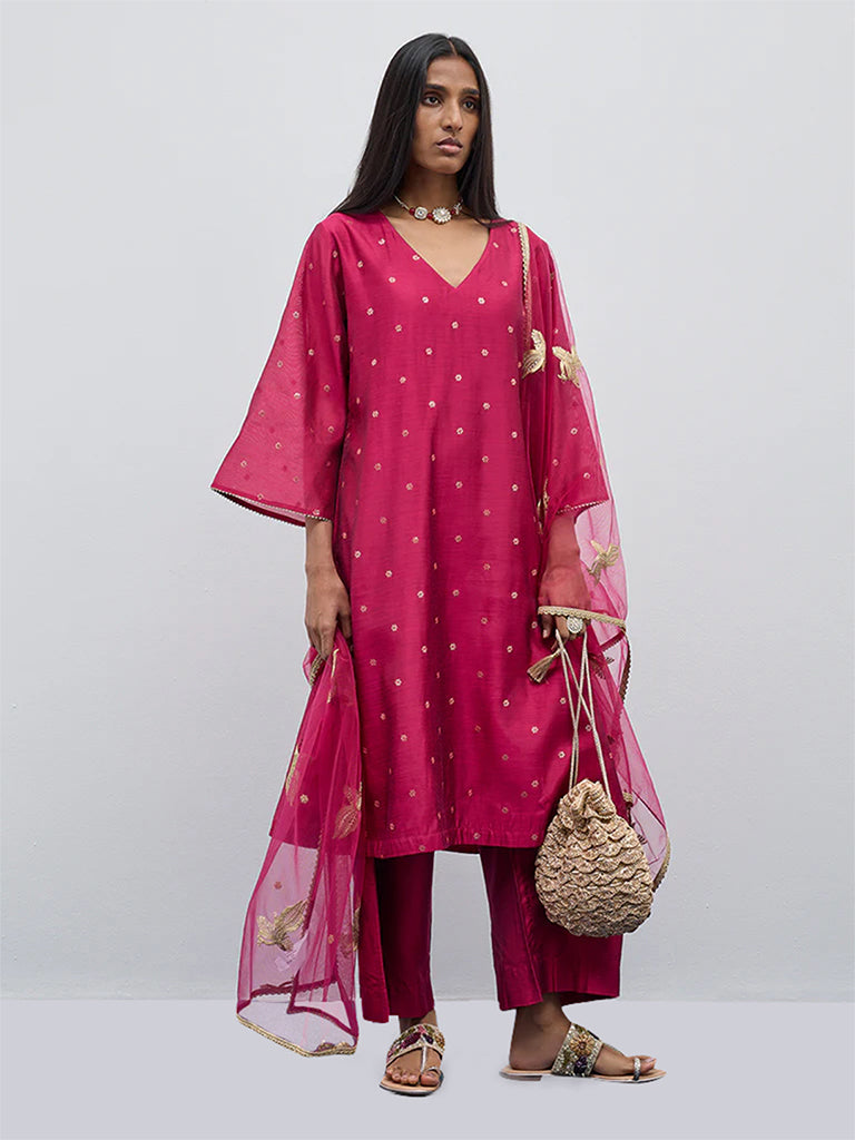 Vark Magenta Embellished A-Line Kurta, Pants and Dupatta Set