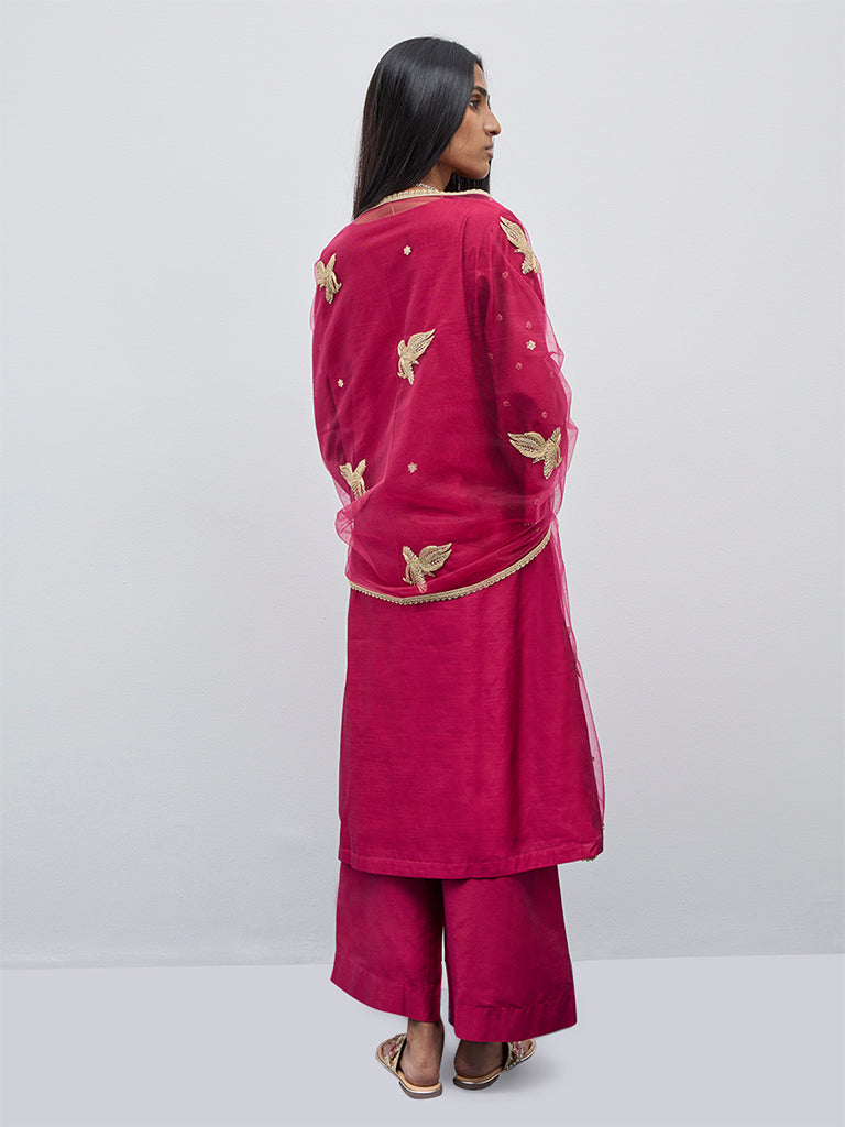 Vark Magenta Embellished A-Line Kurta, Pants and Dupatta Set