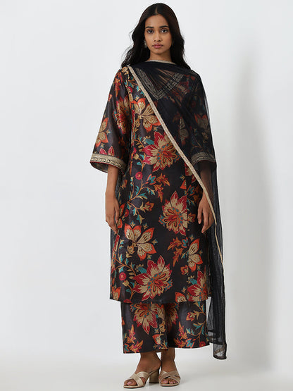 Vark Black Floral Printed A-Line Kurta, Palazzos and Dupatta Set