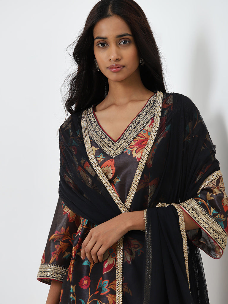 Vark Black Floral Printed A-Line Kurta, Palazzos and Dupatta Set