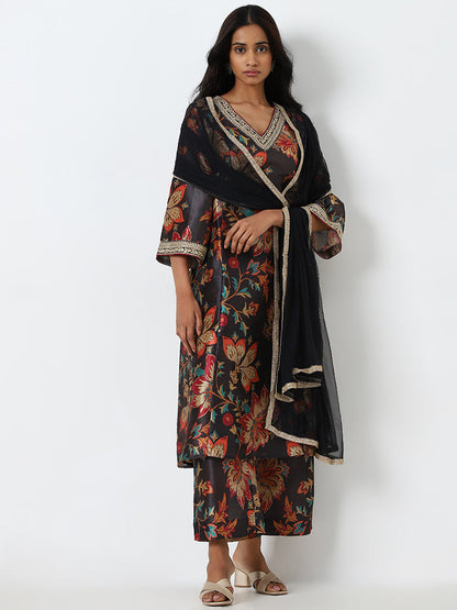 Vark Black Floral Printed A-Line Kurta, Palazzos and Dupatta Set