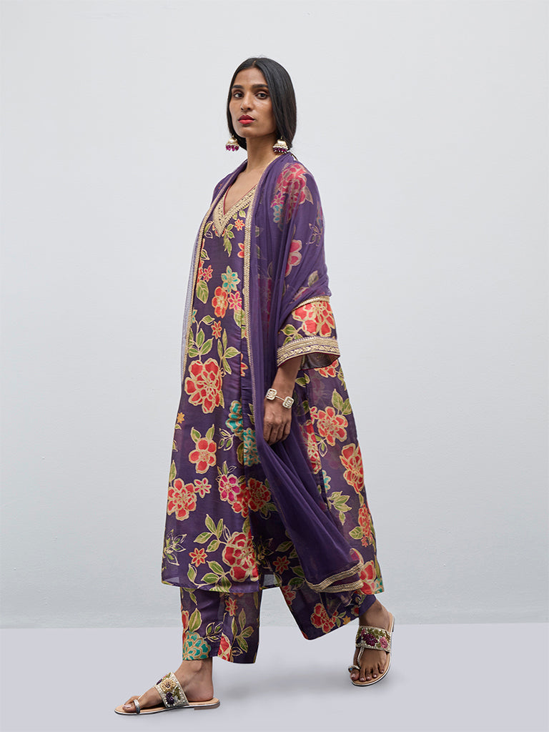 Vark Purple Floral Printed A-Line Kurta, Palazzos and Dupatta Set