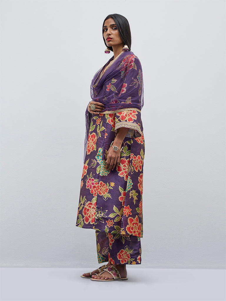 Vark Purple Floral Printed A-Line Kurta, Palazzos and Dupatta Set