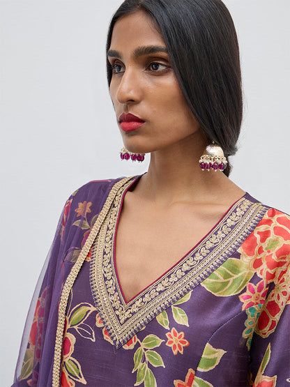 Vark Purple Floral Printed A-Line Kurta, Palazzos and Dupatta Set