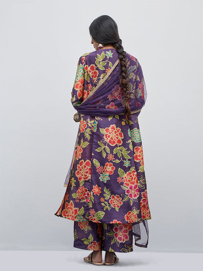 Vark Purple Floral Printed A-Line Kurta, Palazzos and Dupatta Set