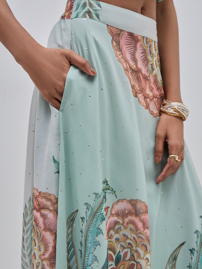 Vark Light Teal Botanical-Fit and Flare High-Rise Skirt