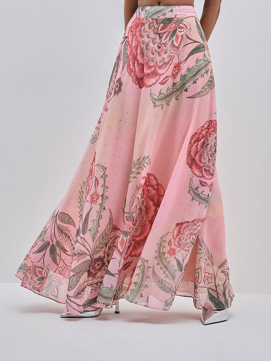 Vark Peach Botanical Printed-Fit and Flare High-Rise Skirt