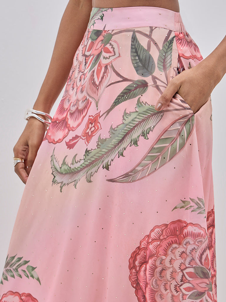 Vark Peach Botanical Printed-Fit and Flare High-Rise Skirt