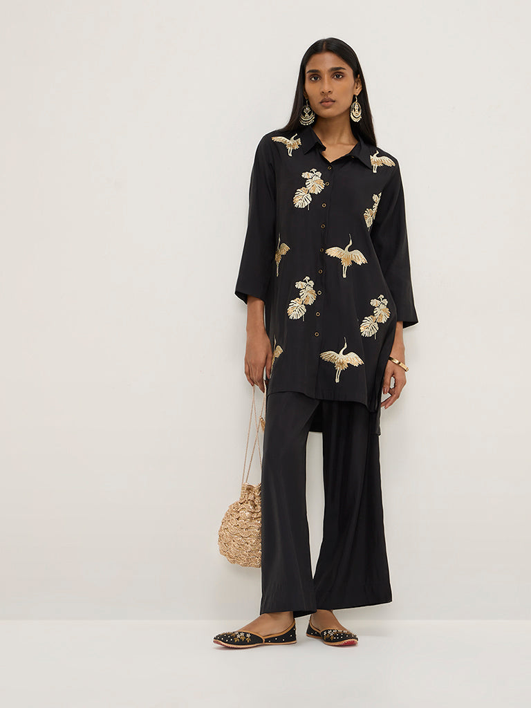 Vark Black Embroidered High-Low Tunic and Pants Set