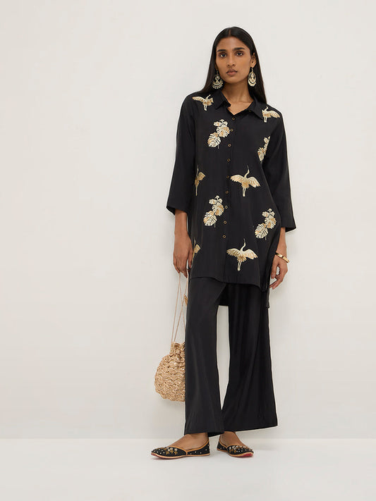 Vark Black Embroidered High-Low Tunic and Pants Set