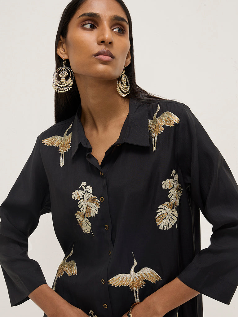 Vark Black Embroidered High-Low Tunic and Pants Set