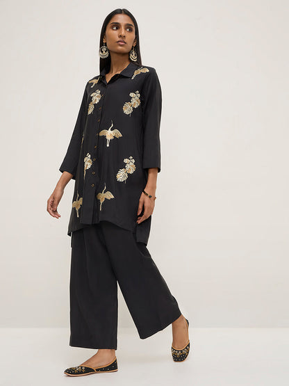 Vark Black Embroidered High-Low Tunic and Pants Set