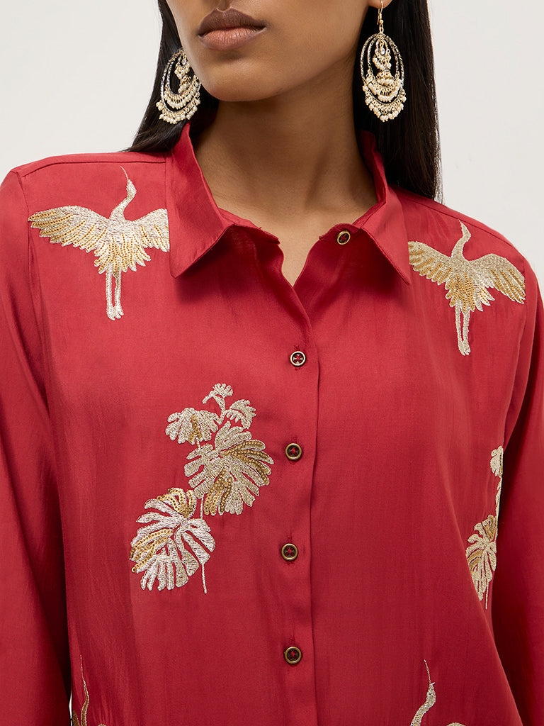 Vark Red Embroidered High-Low Tunic and Pants Set