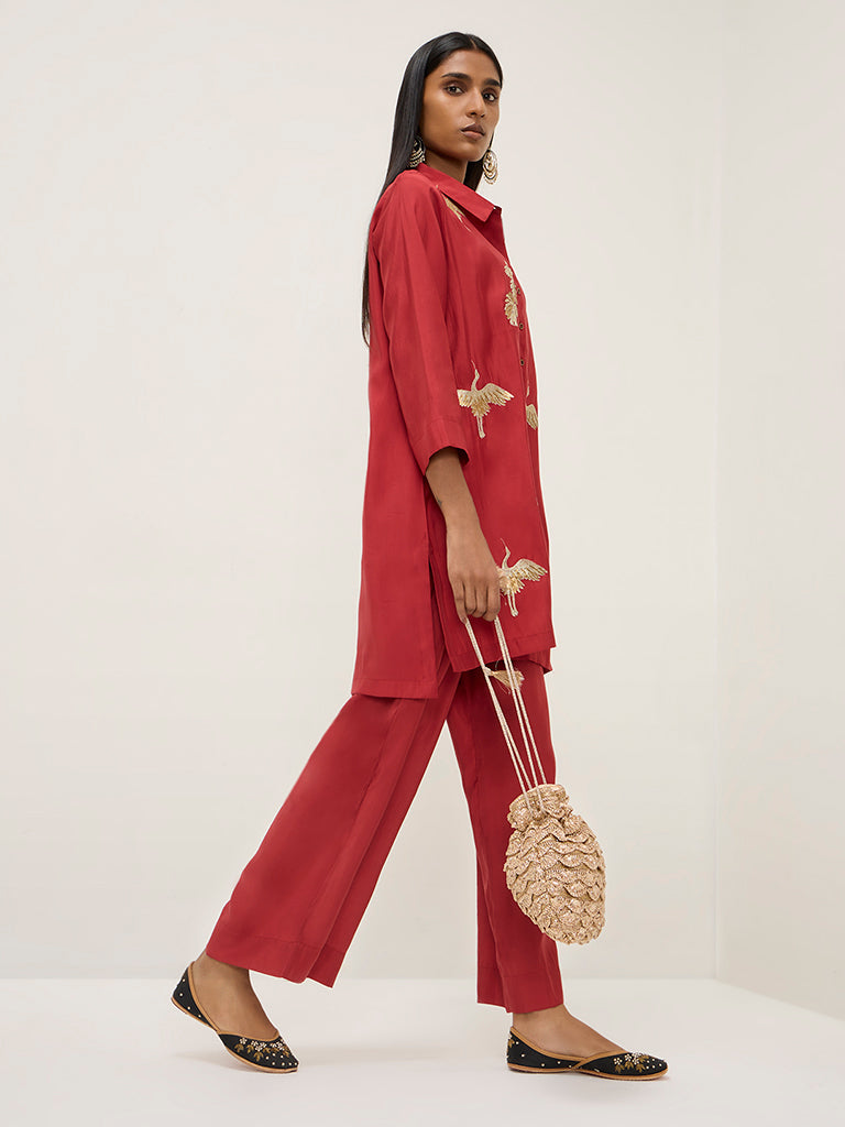 Vark Red Embroidered High-Low Tunic and Pants Set