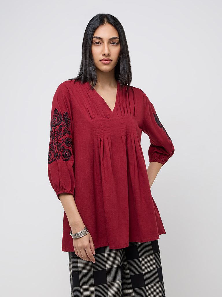 Utsa Red Embroidered A-Line Cotton Kurti