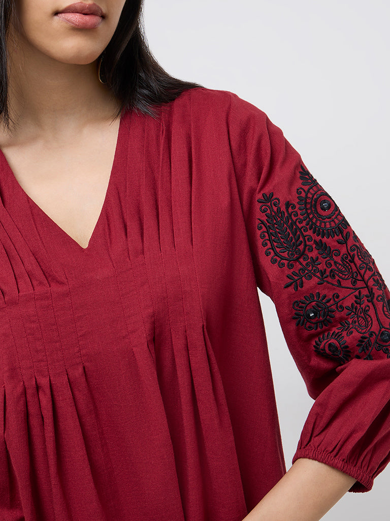 Utsa Red Embroidered A-Line Cotton Kurti