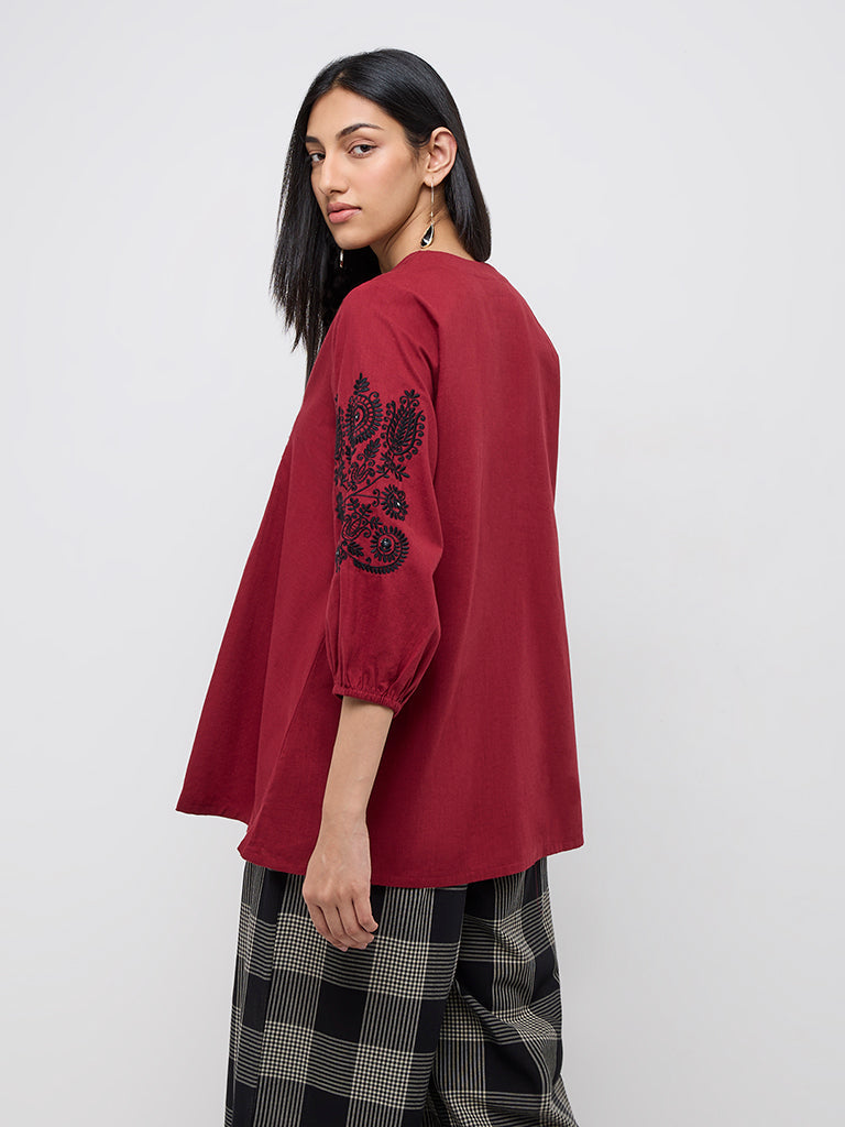 Utsa Red Embroidered A-Line Cotton Kurti