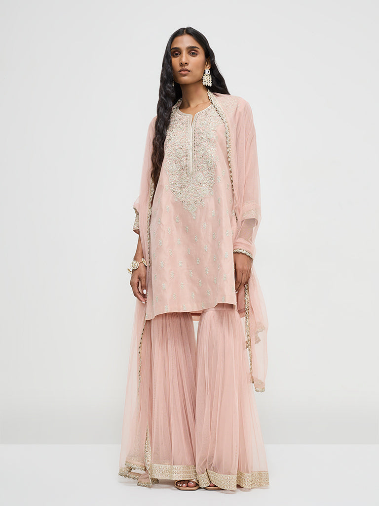 Vark Light Pink Embroidered A-Line Kurti, Sharara and Dupatta Set